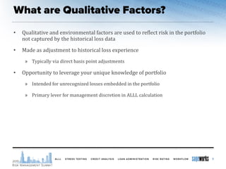 • Qualitative and environmental factors are used to reflect risk in the portfolio
not captured by the historical loss data
• Made as adjustment to historical loss experience
» Typically via direct basis point adjustments
• Opportunity to leverage your unique knowledge of portfolio
» Intended for unrecognized losses embedded in the portfolio
» Primary lever for management discretion in ALLL calculation
3
 