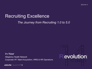 Recruiting Excellence
Irv Naar
Allegheny Health Network
Corporate VP, Talent Acquisition, HRIS & HR Operations
The Journey from Recruiting 1.0 to 5.0
 