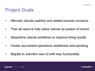 Project Goals
• Alleviate Jobvite usability and related process concerns
• Train all users to fully utilize Jobvite as system of record
• Streamline Jobvite workflows to improve hiring results
• Create recruitment operations dashboard and reporting
• Migrate to Jobvite’s new UI with new functionality
 