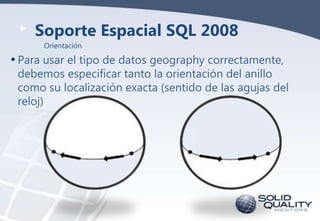 Soporte Espacial SQL 2008
Orientación

• Para usar el tipo de datos geography correctamente,

debemos especificar tanto la orientación del anillo
como su localización exacta (sentido de las agujas del
reloj)

 