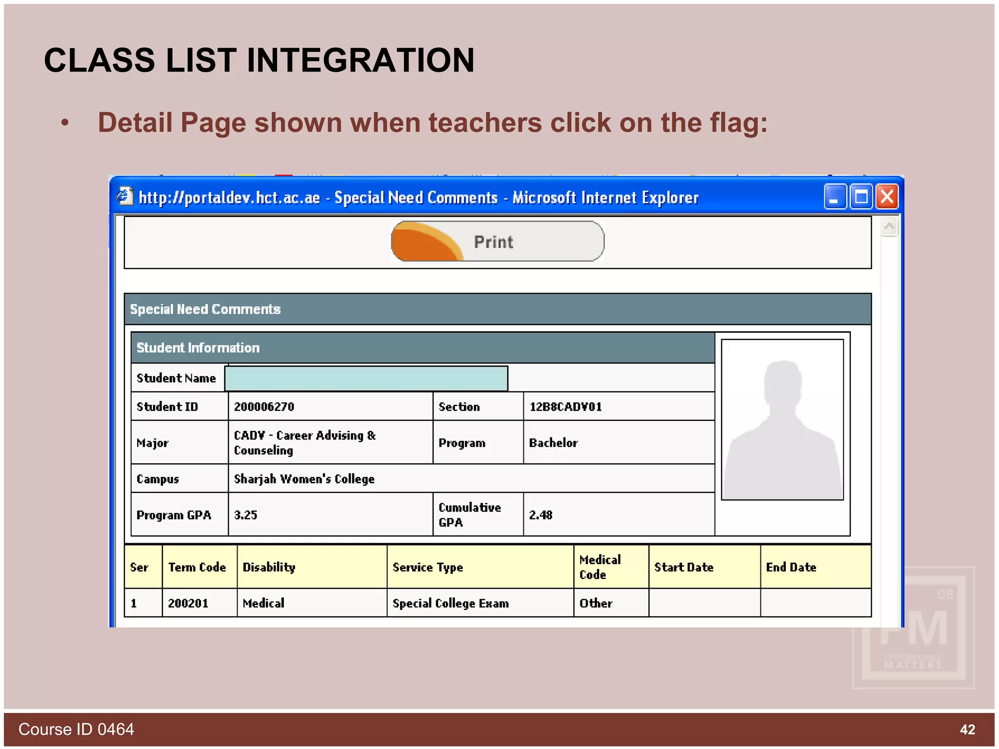 CLASS LIST INTEGRATIONDetail Page shown when teachers click on the flag:42Course ID 0464