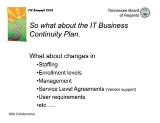 TN-Summit 2008                        Tennessee Board
                                                       of Regents

             So what about the IT Business
             Continuity Plan.

             What about changes in
                    •Staffing
                    •Enrollment levels
                    •Management
                    •Service Level Agreements (Vendor support)
                    •User requirements
                    •etc…..
DBA Collaborative
 