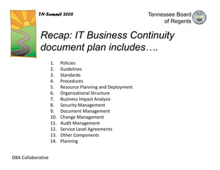 TN-Summit 2008                                    Tennessee Board
                                                                   of Regents

             Recap: IT Business Continuity
             document plan includes….
                    1.    Policies 
                    2.    Guidelines 
                    3.    Standards 
                    4.    Procedures 
                    5.    Resource Planning and Deployment 
                    6.    Organizational Structure 
                    7.    Business Impact Analysis 
                    8.    Security Management 
                    9.    Document Management 
                    10.   Change Management 
                    11.   Audit Management 
                    12.   Service Level Agreements 
                    13.   Other Components 
                    14.   Planning 


DBA Collaborative
 