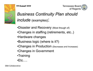 TN-Summit 2008                      Tennessee Board
                                                     of Regents

             Business Continuity Plan should
             include (examples):
             •Disaster and Recovery (Most though of)
             •Changes in staffing (retirements, etc..)
             •Hardware changes
             •Business logic (where is it?)
             •Changes in Production (Decreases and Increases)
             •Changes in Government
             •Training
             •Etc….
DBA Collaborative
 