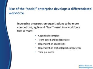 Rise of the “social” enterprise develops a differentiated
workforce

     Increasing pressures on organizations to be more
     competitive, agile and “lean” result in a workforce
     that is more:
                   • Cognitively complex
                   • Team-based and collaborative
                   • Dependent on social skills
                   • Dependent on technological competence
                   • Time pressured
 