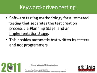 Keyword-driven testing
• Software testing methodology for automated
  testing that separates the test creation
  process : a Planning Stage, and an
  Implementation Stage.
• This enables automatic test written by testers
  and not programmers



                     Source: wikipedia STKI modifications

           Pini Cohen’s work Copyright 2011 @STKI                                 22
           Do not remove source or attribution from any graphic or portion of graphic
 