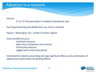 Adoption in a network
Januvia
2nd or 3rd line prescription in diabetes therapeutic area
Cox Proportional Hazards Model (first use, time in months)

Typical – Washington, D.C., tested in 9 other regions
Every variable set up as
Individual measure,
Alter mean at distances one to three
Community measure
Lagged and current time period
Controlled for diabetes prescribing (strongly significant effect, some combination of
opportunity to prescribe and detailing effort)

Workshop: Physician Network Analysis

31

 