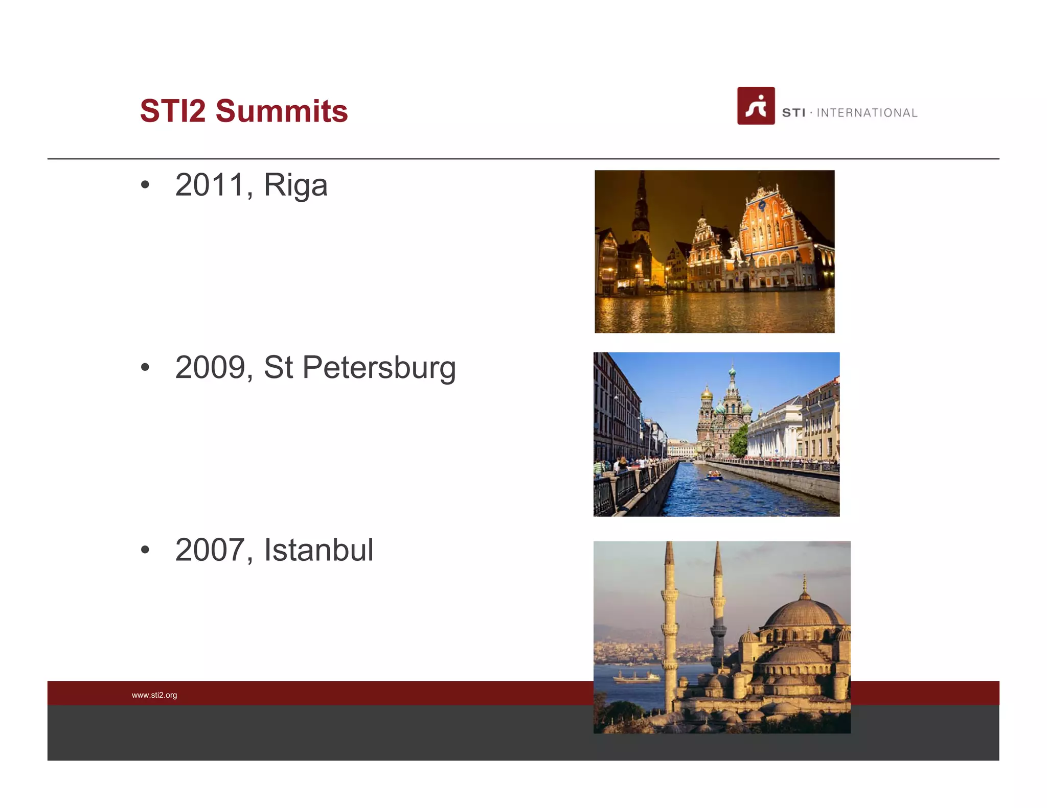 www.sti2.org
STI2 Summits
• 2011, Riga
• 2009, St Petersburg
• 2007, Istanbul
 