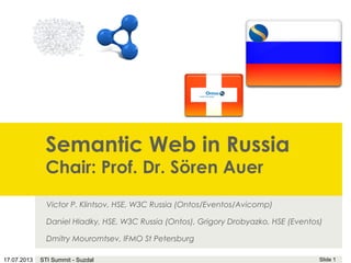 Slide 117.07.2013 STI Summit - Suzdal
Semantic Web in Russia
Chair: Prof. Dr. Sören Auer
Victor P. Klintsov, HSE, W3C Russia (Ontos/Eventos/Avicomp)
Daniel Hladky, HSE, W3C Russia (Ontos), Grigory Drobyazko, HSE (Eventos)
Dmitry Mouromtsev, IFMO St Petersburg
 
