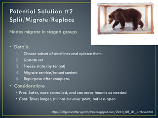 Nodes migrate in staged groups

• Details:
   1.   Choose subset of machines and quiesce them.
   2.   Update set
   3.   Freeze state (by tenant)
   4.   Migrate service/tenant content
   5.   Repurpose after complete.
• Considerations
   • Pros: Safer, more controlled, and can move tenants as needed
   • Cons: Takes longer, still has cut-over point, but less open

                       http://allgodscrittersgotrhythm.blogspot.com/2010_08_01_archive.html
 