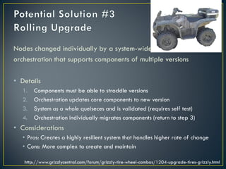 Nodes changed individually by a system-wide
orchestration that supports components of multiple versions

• Details
   1.   Components must be able to straddle versions
   2.   Orchestration updates core components to new version
   3.   System as a whole queiseces and is validated (requires self test)
   4.   Orchestration individually migrates components (return to step 3)
• Considerations
   • Pros: Creates a highly resilient system that handles higher rate of change
   • Cons: More complex to create and maintain

   http://www.grizzlycentral.com/forum/grizzly-tire-wheel-combos/1204-upgrade-tires-grizzly.html
 