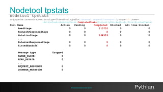 Nodetool tpstats 
nodetool tpstats 
org.apache.cassandra.metrics:type=ThreadPools,path={internal|request|transport},scope=...