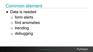 Common element 
#CassandraSummit 2014 
● Data is needed 
o form alerts 
o find anomalies 
o trending 
o debugging 
 