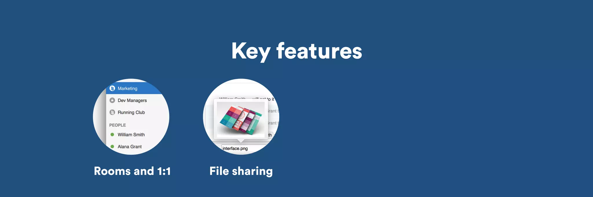 Key features 
Rooms and 1:1 File sharing 
 