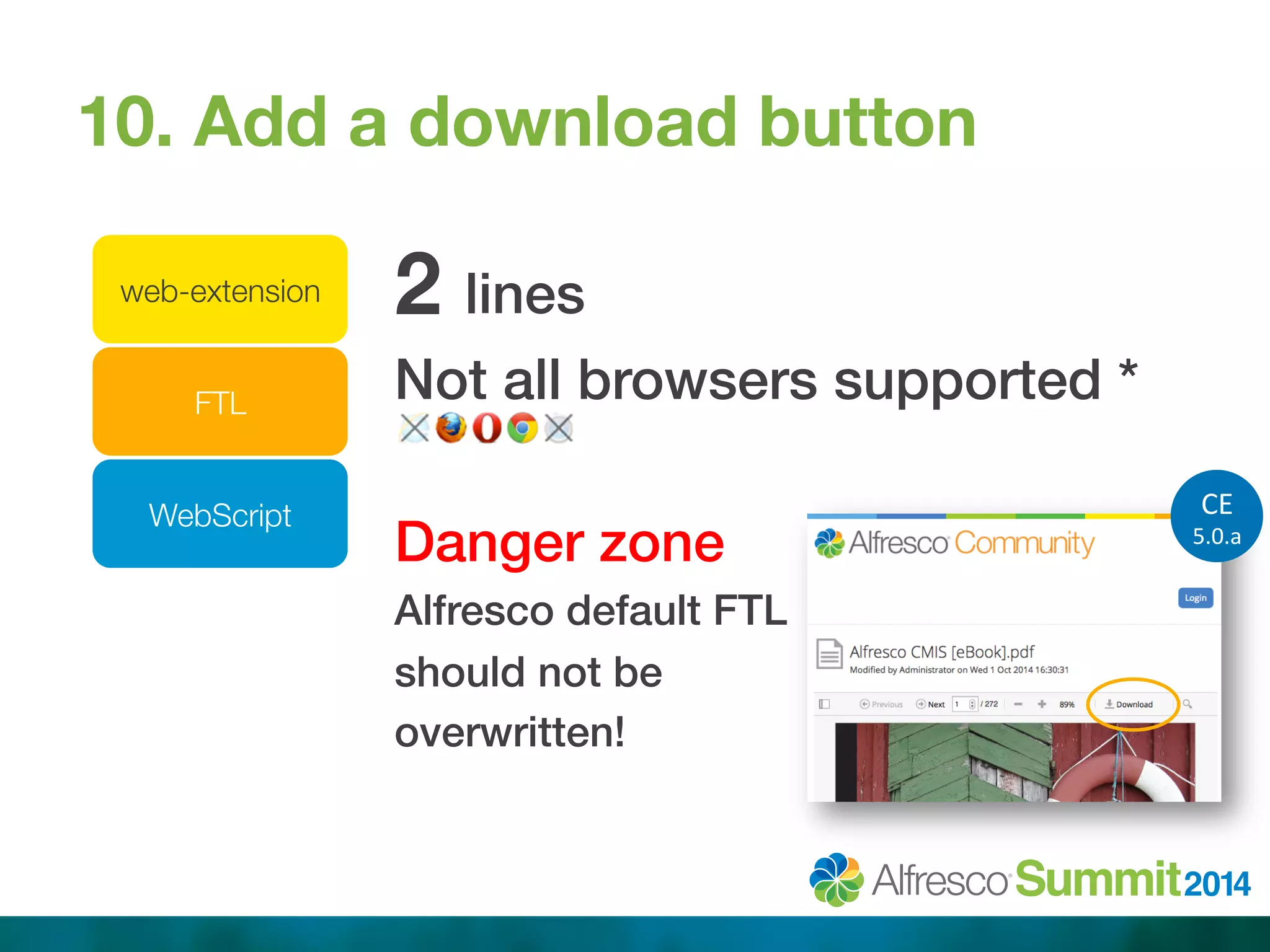 10. Add a download button 
2 lines! 
Not all browsers supported *! 
! 
Danger zone! 
Alfresco default FTL! 
should not be ! 
overwritten!! 
! 
web-extension 
FTL 
WebScript 
CE 
5.0.a 
 