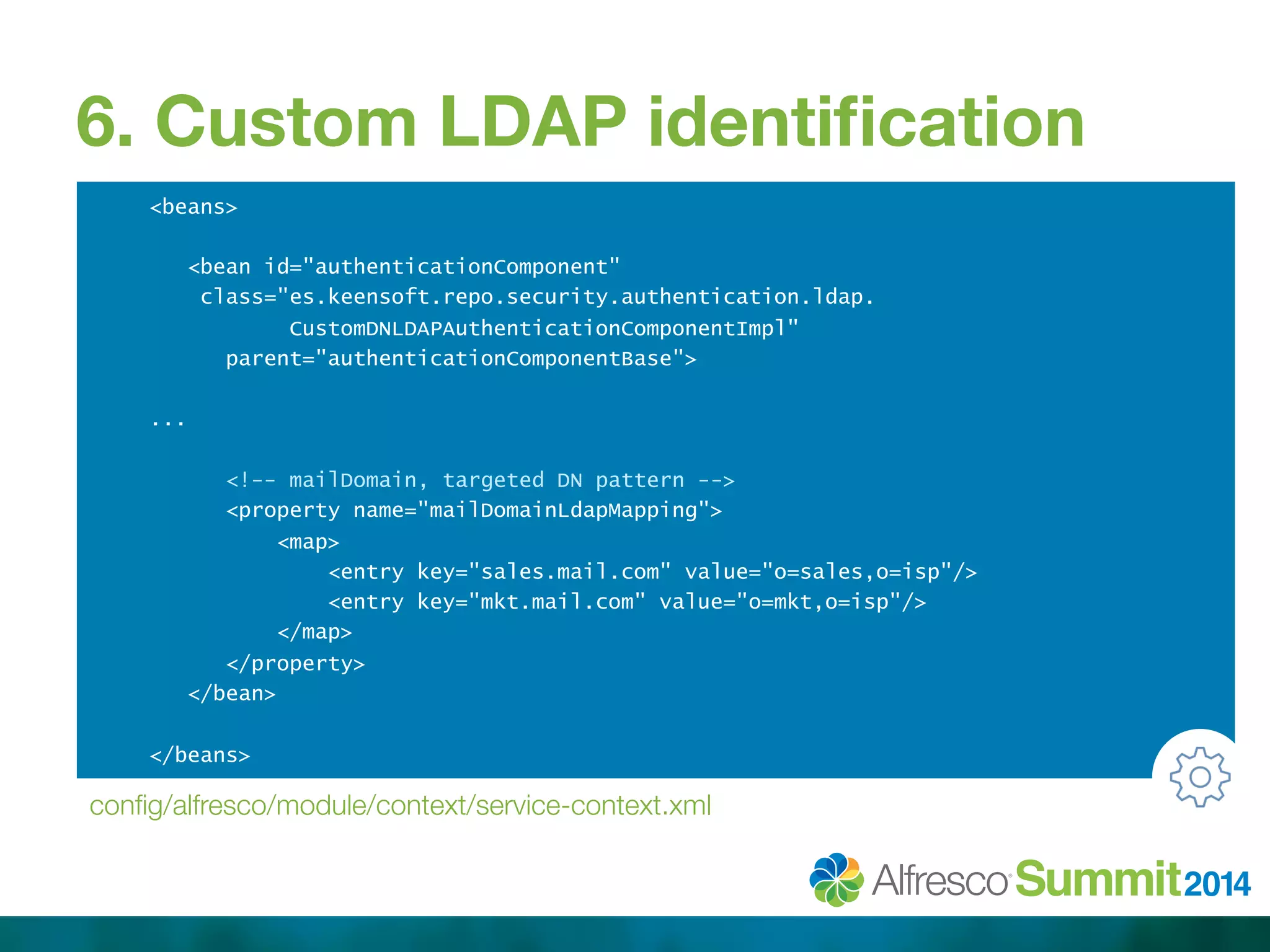 6. Custom LDAP identification 
<beans> 
<bean id="authenticationComponent" 
class="es.keensoft.repo.security.authentication.ldap. 
CustomDNLDAPAuthenticationComponentImpl" 
parent="authenticationComponentBase"> 
... 
<!-- mailDomain, targeted DN pattern --> 
<property name="mailDomainLdapMapping"> 
<map> 
<entry key="sales.mail.com" value="o=sales,o=isp"/> 
<entry key="mkt.mail.com" value="o=mkt,o=isp"/> 
</map> 
</property> 
</bean> 
</beans> 
config/alfresco/module/context/service-context.xml 
 