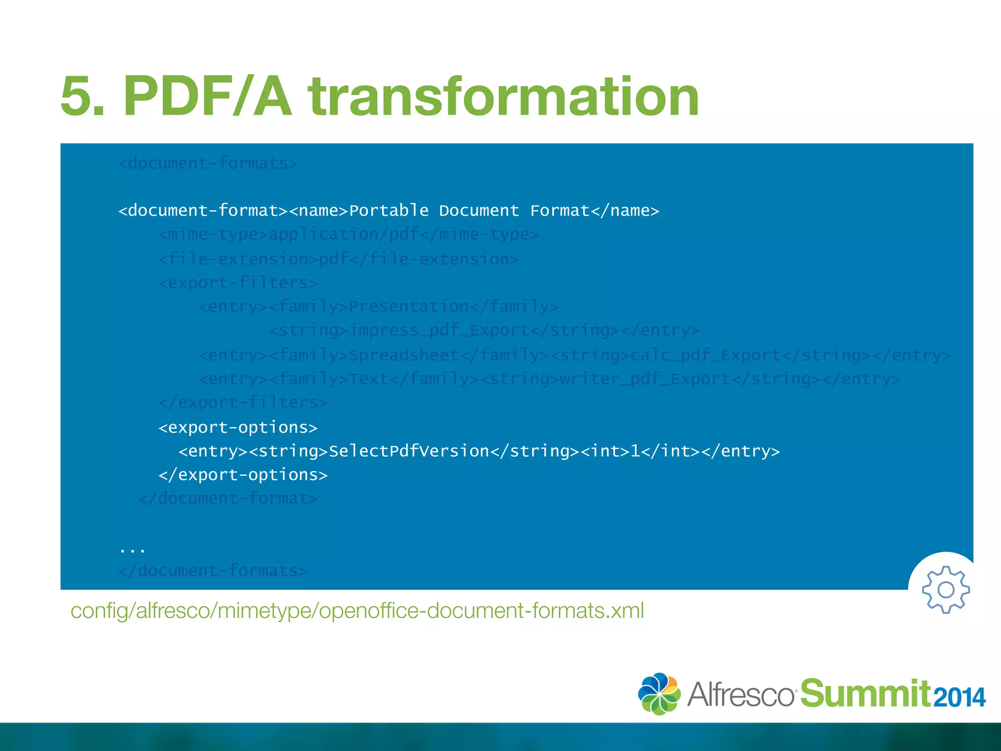 5. PDF/A transformation 
<document-formats> 
<document-format><name>Portable Document Format</name> 
<mime-type>application/pdf</mime-type> 
<file-extension>pdf</file-extension> 
<export-filters> 
<entry><family>Presentation</family> 
<string>impress_pdf_Export</string></entry> 
<entry><family>Spreadsheet</family><string>calc_pdf_Export</string></entry> 
<entry><family>Text</family><string>writer_pdf_Export</string></entry> 
</export-filters> 
<export-options> 
<entry><string>SelectPdfVersion</string><int>1</int></entry> 
</export-options> 
</document-format> 
... 
</document-formats> 
config/alfresco/mimetype/openoffice-document-formats.xml 
 