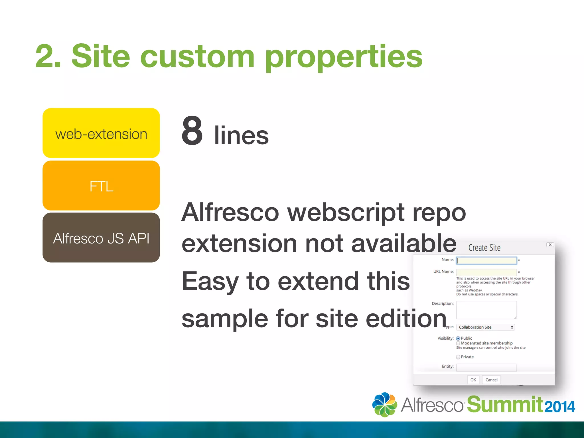 2. Site custom properties 
web-extension 
8 lines! 
! 
Alfresco webscript repo 
extension not available! 
Easy to extend this ! 
sample for site edition! 
FTL 
Alfresco JS API 
 