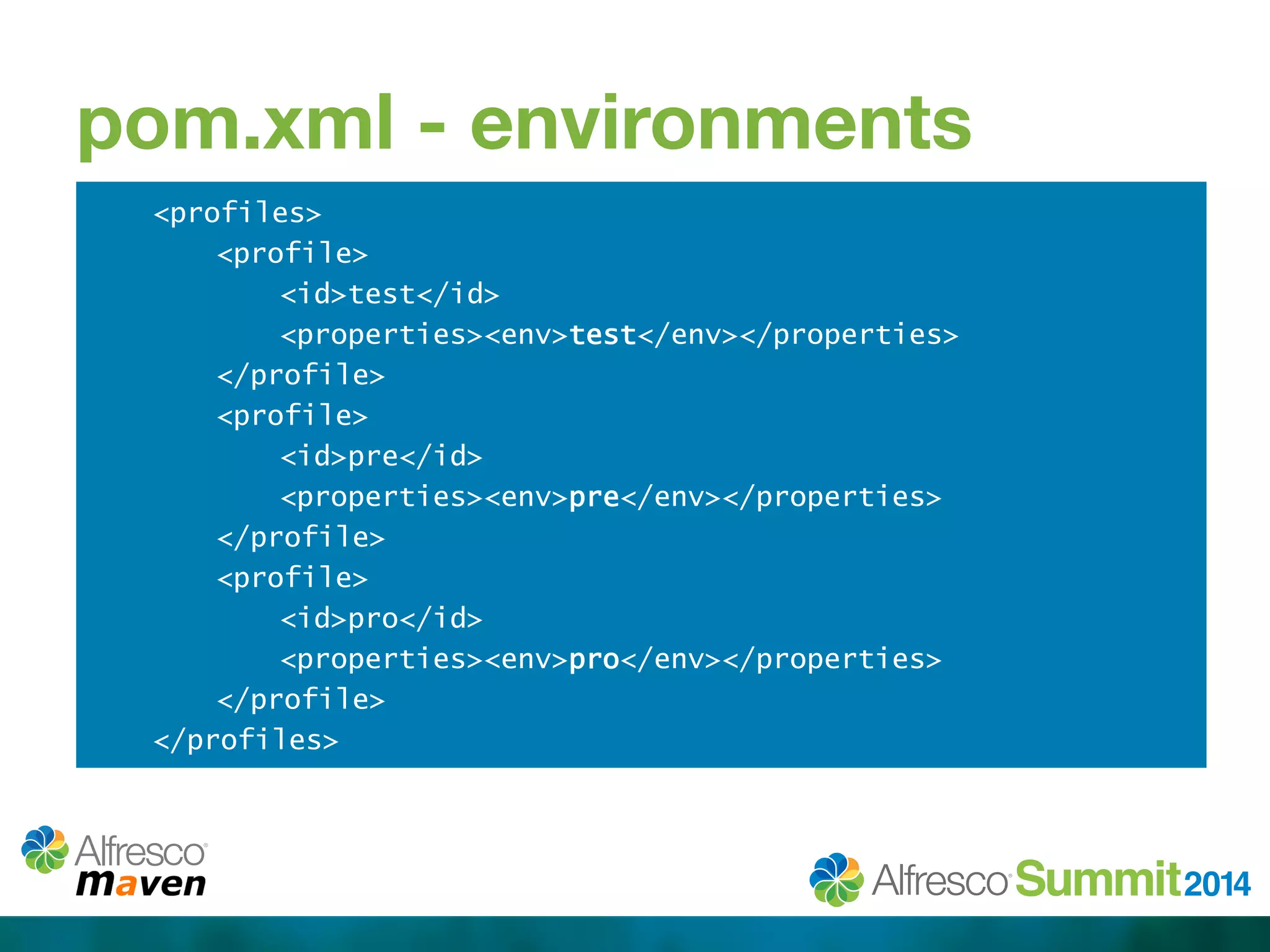 pom.xml - environments 
<profiles> 
<profile> 
<id>test</id> 
<properties><env>test</env></properties> 
</profile> 
<profile> 
<id>pre</id> 
<properties><env>pre</env></properties> 
</profile> 
<profile> 
<id>pro</id> 
<properties><env>pro</env></properties> 
</profile> 
</profiles> 
 