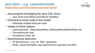 Java client – e.g., cassandra-loader
(https://github.com/brianmhess/cassandra-loader)
• Java program leveraging the Java CQL driver
– Java driver (and others) provided by DataStax
• Connects to every node in the cluster
– Potentially multiple times per node
• Variety of driver options
– Load balancing – TokenAwarePolicy, DCAwareRoundRobinPolicy, etc
– Connections per host
– Consistency Level, etc
• Asynchronous execution
– Or Synchronous – e.g., for “DDL” operations
– Aside: cassandra-loader uses asynchronous execution (no DDL)
© 2015. All Rights Reserved. 10
 