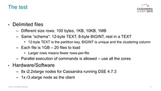 The test
• Delimited files
– Different size rows: 100 bytes, 1KB, 10KB, 1MB
– Same “schema”: 12-byte TEXT, 8-byte BIGINT, rest in a TEXT
• 12-byte TEXT is the partition key, BIGINT is unique and the clustering column
– Each file is 1GB – 20 files to load
• Larger rows means fewer rows-per-file
– Parallel execution of commands is allowed – use all the cores
• Hardware/Software
– 8x i2.2xlarge nodes for Cassandra running DSE 4.7.3
– 1x r3.xlarge node as the client
© 2015. All Rights Reserved. 15
 