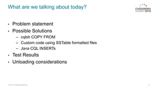 What are we talking about today?
• Problem statement
• Possible Solutions
– cqlsh COPY FROM
– Custom code using SSTable formatted files
– Java CQL INSERTs
• Test Results
• Unloading considerations
2© 2015. All Rights Reserved.
 