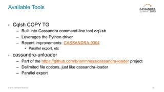 Available Tools
• Cqlsh COPY TO
– Built into Cassandra command-line tool cqlsh
– Leverages the Python driver
– Recent improvements: CASSANDRA-9304
• Parallel export, etc
• cassandra-unloader
– Part of the https://github.com/brianmhess/cassandra-loader project
– Delimited file options, just like cassandra-loader
– Parallel export
© 2015. All Rights Reserved. 26
 