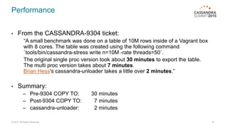 Performance
• From the CASSANDRA-9304 ticket:
“A small benchmark was done on a table of 10M rows inside of a Vagrant box
with 8 cores. The table was created using the following command
`tools/bin/cassandra-stress write n=10M -rate threads=50`.
The original single proc version took about 30 minutes to export the table.
The multi proc version takes about 7 minutes.
Brian Hess's cassandra-unloader takes a little over 2 minutes.”
• Summary:
– Pre-9304 COPY TO: 30 minutes
– Post-9304 COPY TO: 7 minutes
– cassandra-unloader: 2 minutes
© 2015. All Rights Reserved. 27
 