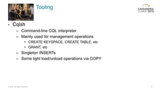 Tooling
• Cqlsh
– Command-line CQL interpreter
– Mainly used for management operations
• CREATE KEYSPACE, CREATE TABLE, etc
• GRANT, etc
– Singleton INSERTs
– Some light load/unload operations via COPY
© 2015. All Rights Reserved. 10
 