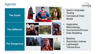 Agenda
The Good
• Query Language
• Tooling
• Conceptual Data
Model
The Different
• Application
Methodology
• Connections/Drivers
• Data Modeling
The Dangerous
• Batches
• Secondary Indices
• Lightweight
Transactions
© 2015. All Rights Reserved. 5
 