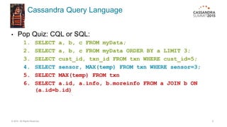 Cassandra Query Language
• Pop Quiz: CQL or SQL:
1. SELECT a, b, c FROM myData;
2. SELECT a, b, c FROM myData ORDER BY a LIMIT 3;
3. SELECT cust_id, txn_id FROM txn WHERE cust_id=5;
4. SELECT sensor, MAX(temp) FROM txn WHERE sensor=3;
5. SELECT MAX(temp) FROM txn
6. SELECT a.id, a.info, b.moreinfo FROM a JOIN b ON
(a.id=b.id)
© 2015. All Rights Reserved. 8
 