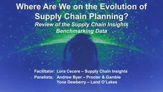 9/14/2015 September 2015, p.1Supply Chain Insights Global Summit #ImagineSC
Where Are We on the Evolution of
Supply Chain Planning?
Review of the Supply Chain Insights
Benchmarking Data
Facilitator: Lora Cecere – Supply Chain Insights
Panelists: Andrew Byer – Procter & Gamble
Yone Dewberry – Land O’Lakes
 