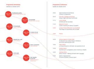 Programma workshops
Venerdì 23 ottobre 2015
Programma Conferenza
Sabato 24 ottobre 2015
Facilitazione grafica
Marcello Petruzzi, Alfredo Carlo10:00 –17:30
Sala C
ia Funzionale
Federico Badaloni
10:00 –13:00
Sala A
Rebuild your craft
Andrea Resmini
10:00 –13:00
Sala D
UX for kids
Gloria Chiocci
10:00 –13:00
Sala E
Il colore e la UX
Riccardo Falcinelli
14:30 –17:30
Sala A
Stime e preventivi
Marco Brambilla
14:30 –17:30
Sala D
Che l’ascolto
sia con te!
Raffaella Roviglioni
Alessio Ricco
14:30 –17:30
Sala E
ia Essentials
Andrew Hinton, Dan Klyn
10:00 –17:30
Sala B
10:00 	 Saluti dal Board di Architecta
	 Il tema e il programma
10.30 	 Dan Klyn | Strategy & Structure
	 Doing It Right, And How You’d Know
11:15	 Luisa Carrada
	 Scrivere per farsi ascoltare
11:45	 Massimo Crucitti
	 Curare l’ascolto per salvare il progetto
12:00	 Luciano Floridi (riflessione Luca De Biase)
	 The Design of Uncertainty and its Power
13:00	Pranzo
14:30	 Andrea Angiolini & Fabio Vitali
	 A ciascuno il suo: archi, frecce e interfacce
	 per servizi editoriali B2B e B2C
	
15:00	 Fabio Delton
	 La Group Intranet di UniCredit: una questione di UX
15:30	 Daniela Selloni
	 Ascoltare per co-progettare servizi insieme ai cittadini.
16:00	 Andrew Hinton
	 Verum Factum - Making the World with Language
17:00	 Saluti e ringraziamenti
	 Prossime iniziative, chiusura lavori
 