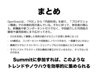 まとめ
OpenStackは、「POC」から「内部利用」を経て、「プロダクショ
ン環境」での本格利用が進んでいる。それに伴って、参加者の関心
も、新機能や新コンポーネントだけでなく、今回紹介した可用性の
確保や運用技術にまで広がってきた。
• OSSを利用して構築した実例が紹介されていて非常に参考になった
• HA構成は、コンポーネントや役割毎にノウハウがあり、一筋縄ではいかない
• 構築だけでなくテストやバージョンアップなどの仕組みにも工夫が必要
• すでにベストプラクティス的な構成が確立されているものと、そうでないも
のがある
Summitに参加すれば、このような
トレンドやノウハウを効率的に集められる
 