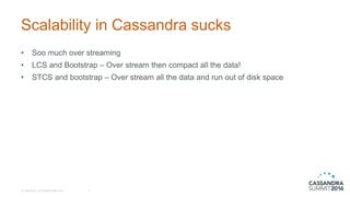 Scalability in Cassandra sucks
• Soo much over streaming
• LCS and Bootstrap – Over stream then compact all the data!
• STCS and bootstrap – Over stream all the data and run out of disk space
© DataStax, All Rights Reserved. 11
 