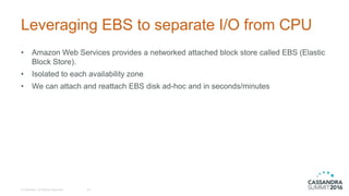 Leveraging EBS to separate I/O from CPU
© DataStax, All Rights Reserved. 25
• Amazon Web Services provides a networked attached block store called EBS (Elastic
Block Store).
• Isolated to each availability zone
• We can attach and reattach EBS disk ad-hoc and in seconds/minutes
 