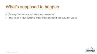 What’s supposed to happen
• Scaling Cassandra is just “bootstrap new nodes”
• That works if your cluster is under provisioned and has 30% disk usage
© DataStax, All Rights Reserved. 7
 