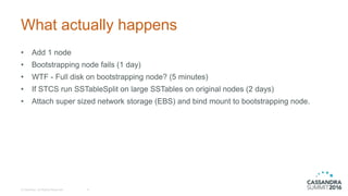 What actually happens
• Add 1 node
• Bootstrapping node fails (1 day)
• WTF - Full disk on bootstrapping node? (5 minutes)
• If STCS run SSTableSplit on large SSTables on original nodes (2 days)
• Attach super sized network storage (EBS) and bind mount to bootstrapping node.
© DataStax, All Rights Reserved. 8
 