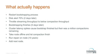 What actually happens
• Restart bootstrapping process
• Disk alert 70% (2 days later)
• Throttle streaming throughput to below compaction throughput
• Bootstrapping finishes (5 days later)
• Cluster latency spikes cause bootstrap finished but their was a million compactions
remaining
• Take node offline and let compaction finish
• Run repair on node (10 years)
• Add next node.
© DataStax, All Rights Reserved. 9
 