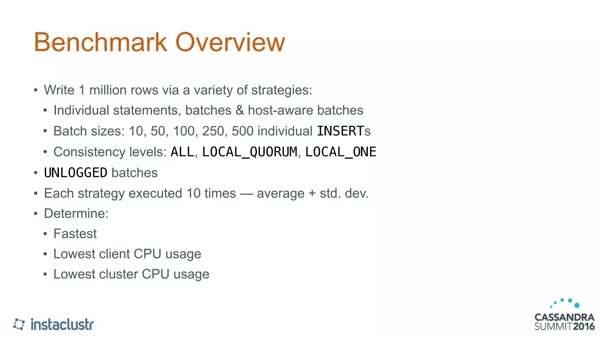 Benchmark Overview
• Write 1 million rows via a variety of strategies:
• Individual statements, batches & host-aware batches
• Batch sizes: 10, 50, 100, 250, 500 individual INSERTs
• Consistency levels: ALL, LOCAL_QUORUM, LOCAL_ONE
• UNLOGGED batches
• Each strategy executed 10 times — average + std. dev.
• Determine:
• Fastest
• Lowest client CPU usage
• Lowest cluster CPU usage
 