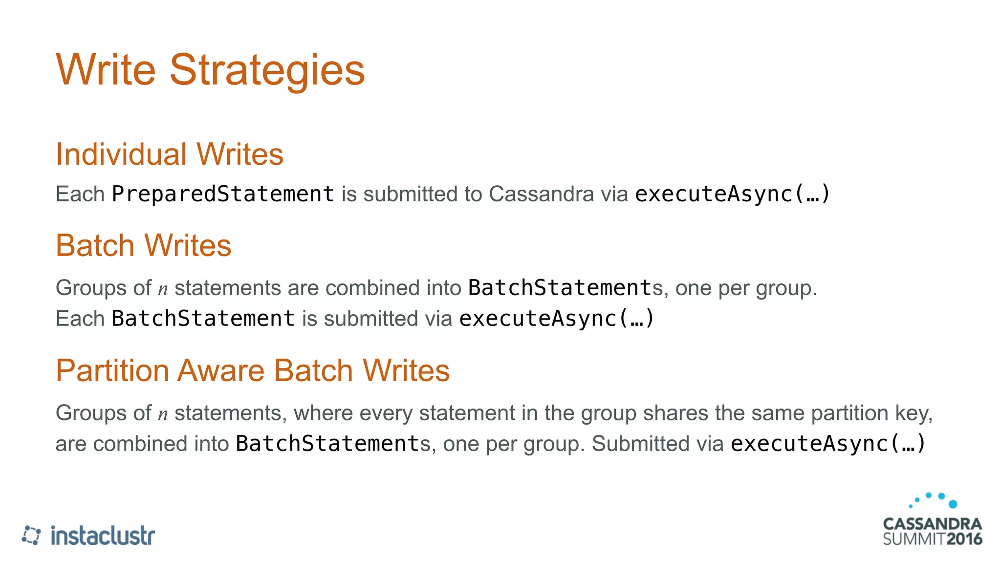 Write Strategies
Individual Writes
Each PreparedStatement is submitted to Cassandra via executeAsync(…)
Batch Writes
Groups of 𝑛 statements are combined into BatchStatements, one per group. 
Each BatchStatement is submitted via executeAsync(…)
Partition Aware Batch Writes
Groups of 𝑛 statements, where every statement in the group shares the same partition key,
are combined into BatchStatements, one per group. Submitted via executeAsync(…)
 