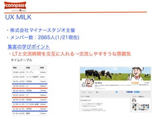 UX MILK
・株式会社マイナースタジオ主催
・メンバー数：2865人(1/21現在)
集客の学びポイント
・LTと交流時間を交互に入れる→交流しやすそうな雰囲気
 