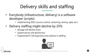 Pini Cohen’s work Copyright@2017. Do not remove source or attribution from any slide or graph
22
Delivery skills and staffing
• Everybody (infrastructure, delivery) is a software
developer (scripts)
• implementing SDLC (source control, versioning, testing, agile, etc.)
• Delivery staffing might decline by 25%
• Storage will decline more
• Systemserver will decline less
• Fragmented IT will experience less decline in staffing
 