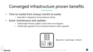 Pini Cohen’s work Copyright@2017. Do not remove source or attribution from any slide or graph
26
Converged infrastructure proven benefits
• Time to market from (many) months to weeks
• Especially in integration and acceptance testing
• Easier maintenance and updates
• Traditionally firmware update is done when error happens
• Traditionally upgrade of one component leads to other upgrades
Big servers + big storage + network
 