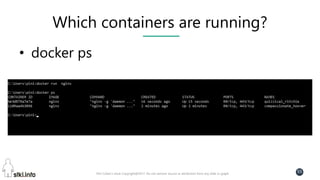 Pini Cohen’s work Copyright@2017. Do not remove source or attribution from any slide or graph
55
Which containers are running?
• docker ps
 