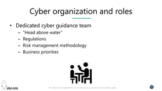 Pini Cohen’s work Copyright@2017. Do not remove source or attribution from any slide or graph
82
Cyber organization and roles
• Dedicated cyber guidance team
– “Head above water”
– Regulations
– Risk management methodology
– Business priorities
 