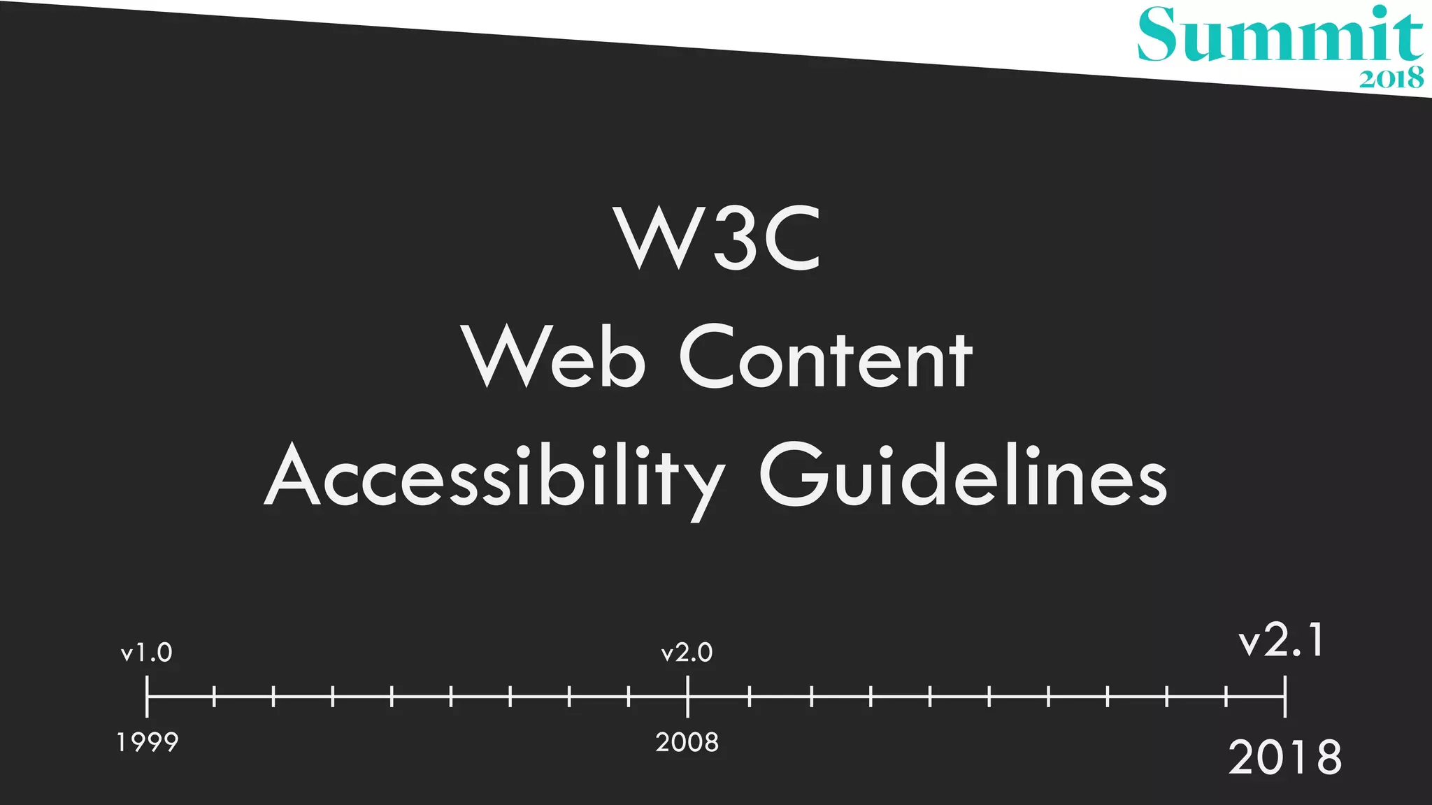 W3C
Web Content
Accessibility Guidelines
1999 2008
2018
v1.0 v2.0 v2.1