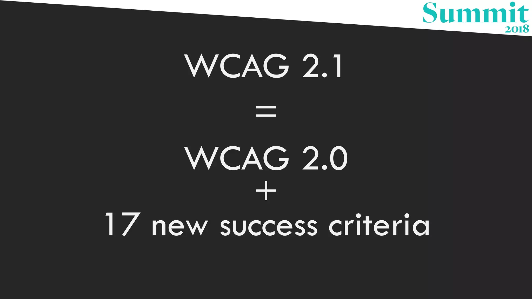 WCAG 2.1
=
WCAG 2.0
+
17 new success criteria