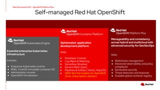 Manageability and consistency
across hybrid and multicloud with
advanced security for DevSecOps
Adds:
● Multicluster management
● Advanced observability and policy
compliance
● Declarative security
● Threat detection and response
● Scalable global container registry
Opinionated application
development platform
Adds:
● Developer web console
● Developer Console
● Log Mgmt & Metering
● Serverless (Knative)
● Service Mesh (Istio)
● Pipelines & GitOps (Tekton, ArgoCD)
● NEW: Red Hat Insights for OpenShift
(Cost, Subscription, Advisor)
Essential enterprise Kubernetes
infrastructure
Includes:
● Enterprise Kubernetes runtime
● RHEL CoreOS immutable container OS
● Administrator console
● OpenShift Virtualization
Self-managed Red Hat OpenShift
Red Hat Summit 2021 - OpenShift Platform Plus
19
 