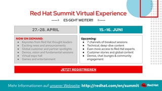 Red Hat Summit Virtual Experience
----> ES GEHT WEITER!!! <----
27.-28. APRIL
NOW ON DEMAND:
● Keynotes from Red Hat thought leaders
● Exciting news and announcements
● Global customer and partner spotlights
● Demos, vision and fundamental sessions
● Virtual expo hall
● Games and entertainment
15.-16. JUNI
Upcoming:
● 7 channels of breakout sessions
● Technical, deep-dive content
● Even more access to Red Hat experts
● Customer stories and global content
● Demos, chat lounges & community
engagement
Mehr Informationen auf unserer Webseite: http://redhat.com/en/summit
JETZT REGISTRIEREN
 